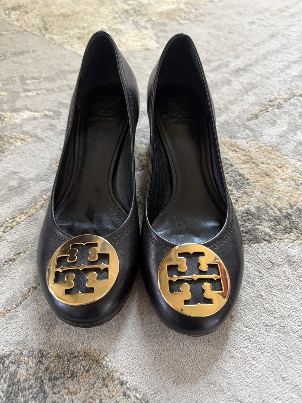 Tory Burch Black Leather Ballet Flats with Gold Logo Medallion